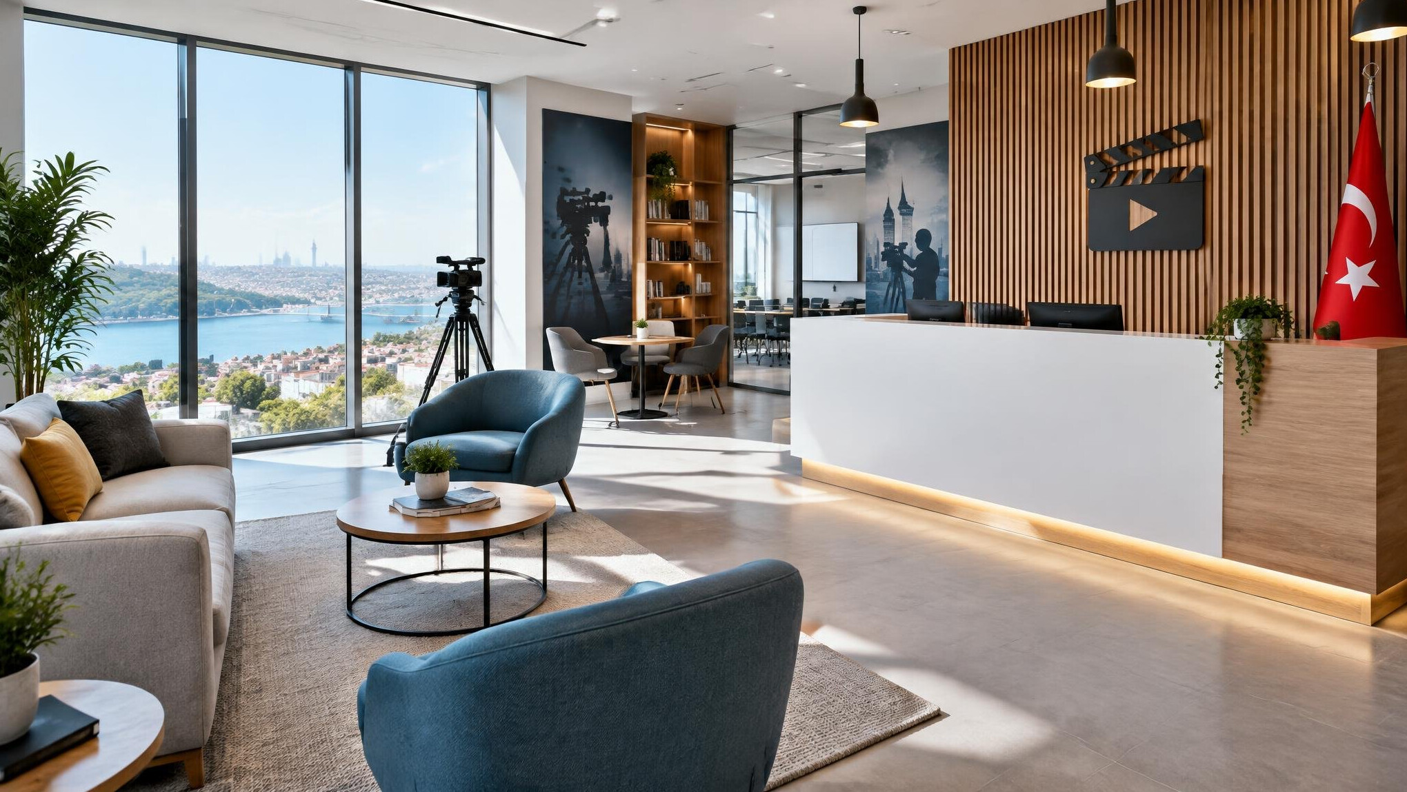 Bright reception area of a media training center