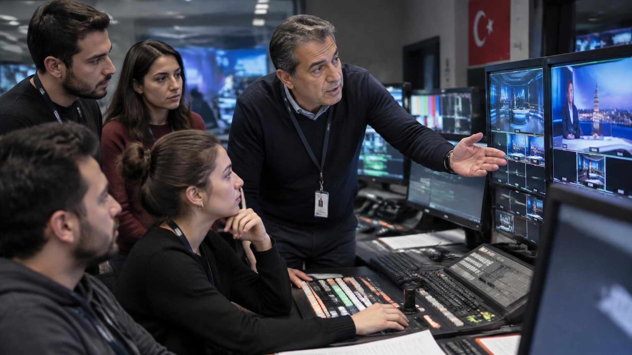 Trainer coaching a TV studio crew around a control desk