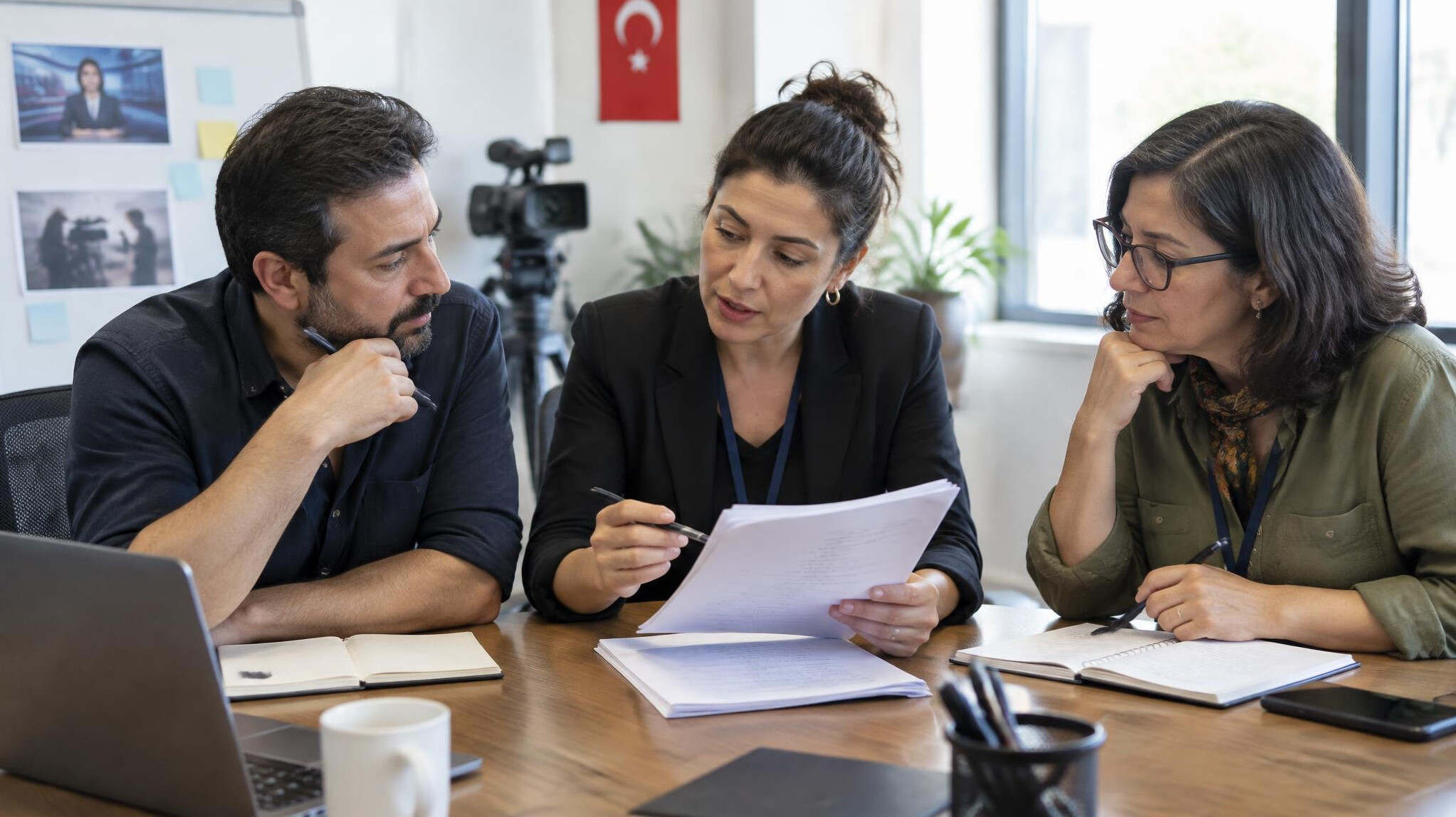 Diverse trainers reviewing a broadcast script around a table