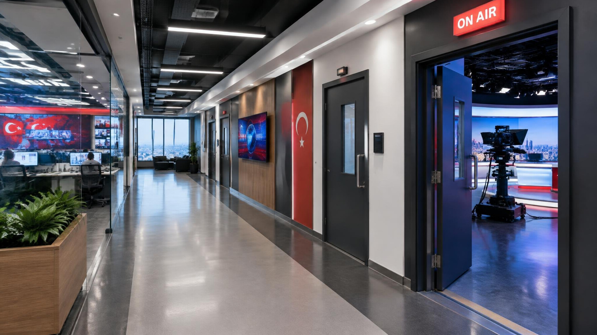 Television newsroom hallway with studio doors and On Air sign