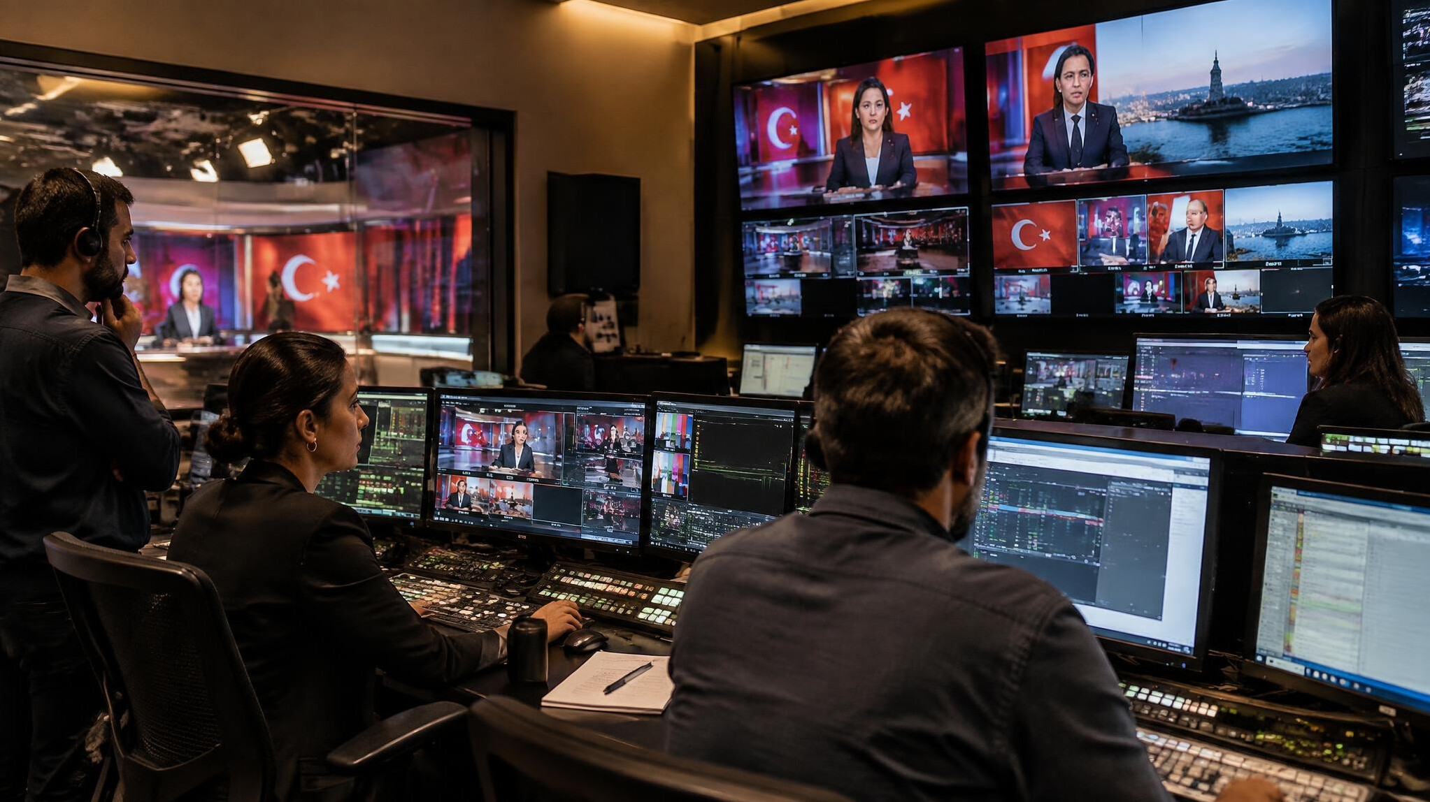 TV studio control room with broadcast team monitoring live feed