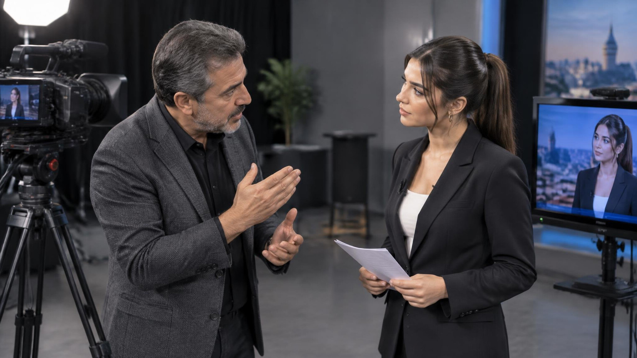 Media coach giving feedback to a young TV presenter