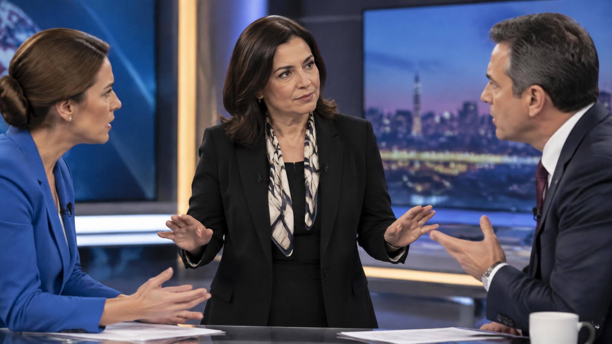 Mediator standing calmly between two television presenters on set