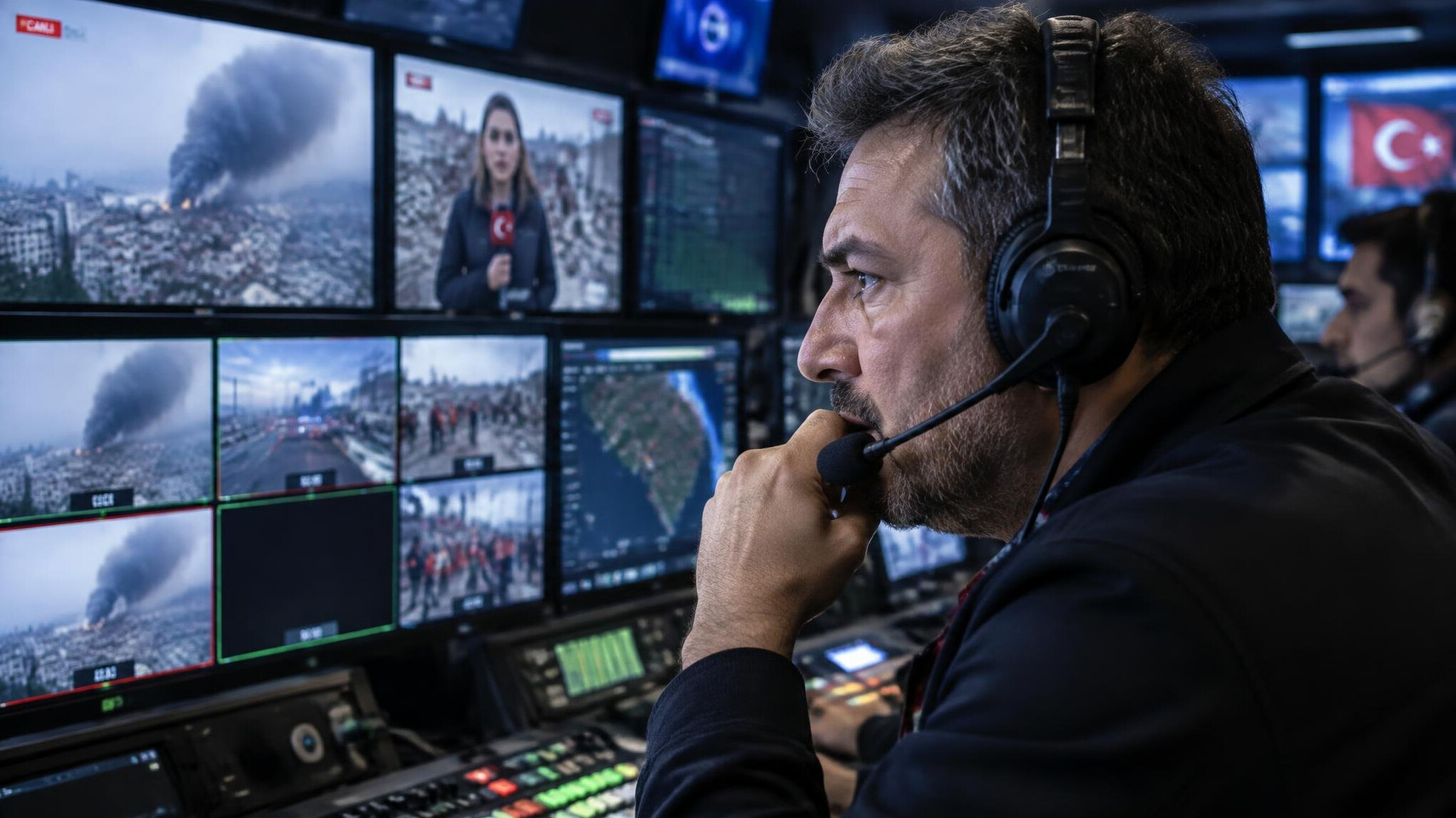 Broadcast director speaking into a headset during a live crisis moment